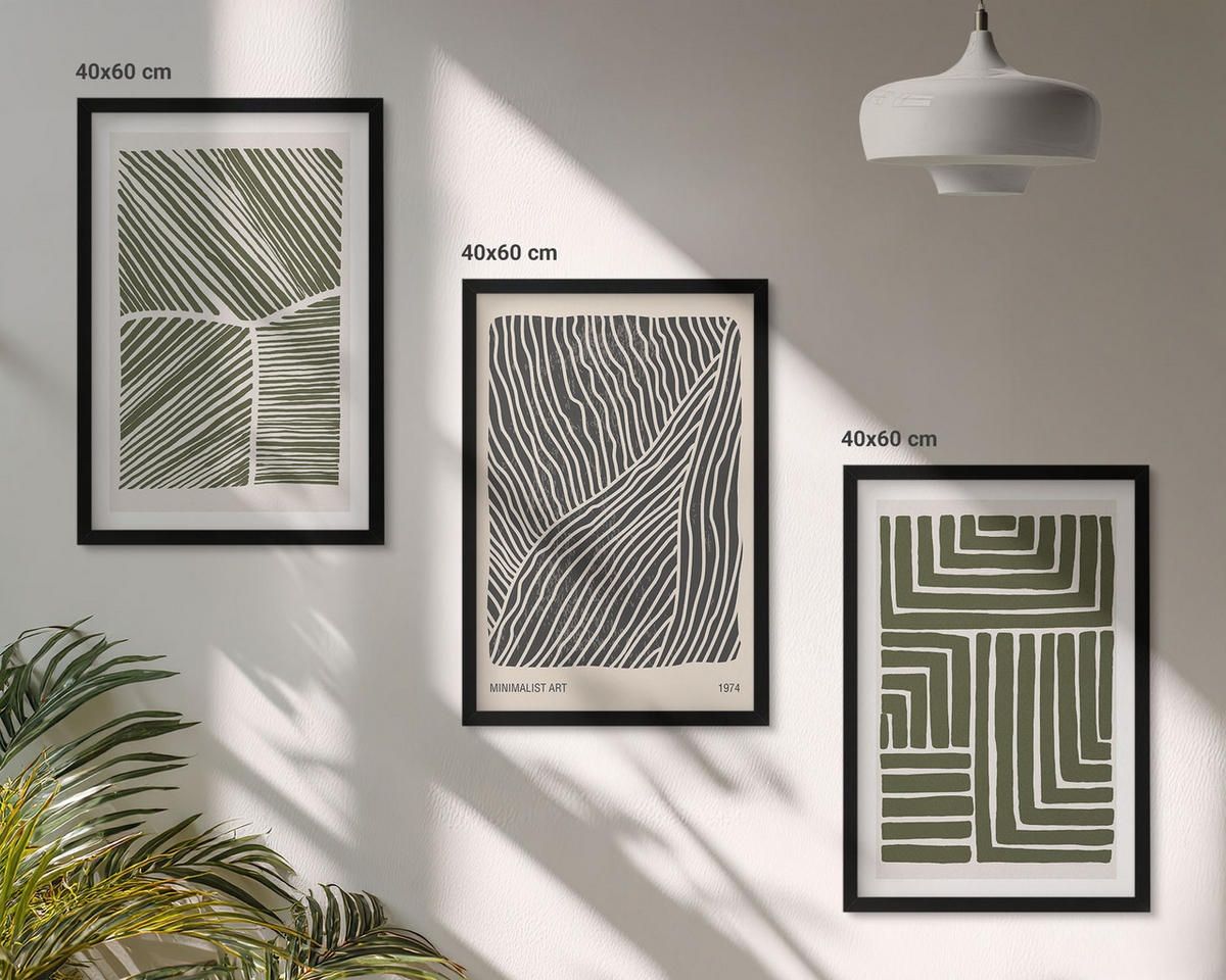 BILDER SET 3er Set - 40x60 cm Schwarzer Rahmen - Muster Linien Formen grün - Schwarz, Kunststoff (40/60cm) - TULUP