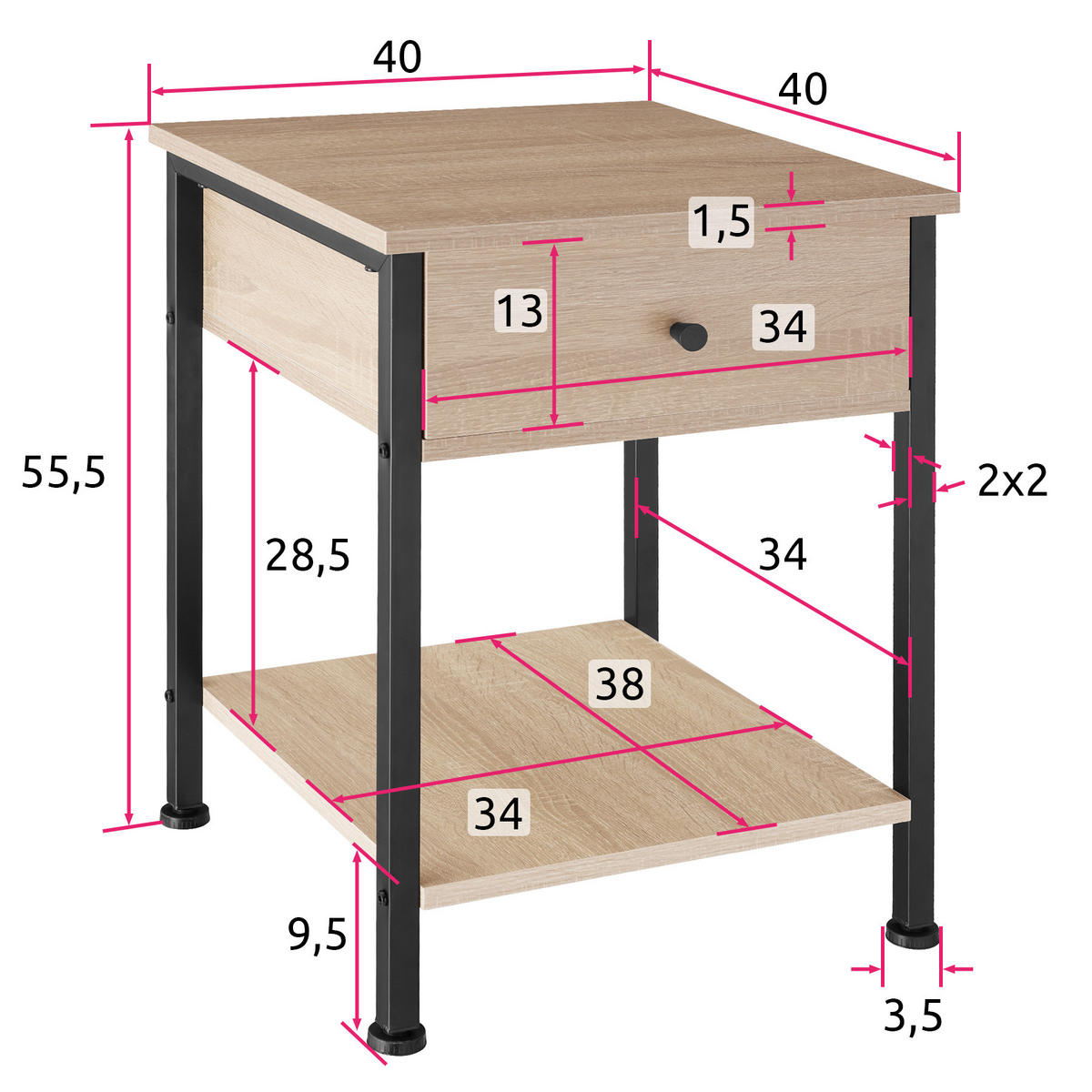 NACHTSCHRANK Bradford,40 x 40 x 55,5 cm,Industrial Holz hell, Eiche Sonoma - Naturfarben, Holzwerkstoff (40/55.5/40cm) - tectake