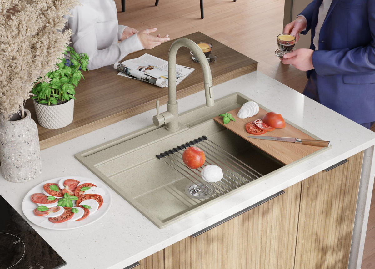 GRANITSPÜLE Oslo Pocket, 2-er set Beige 78/53 cm 1 Becken + Küchenarmatur 38/14 cm + Ablauf-Set + Küchenzubehörset ab 80er Unterschrank - Chromfarben/Beige, Kunststoff (78/20/53cm) - Primagran