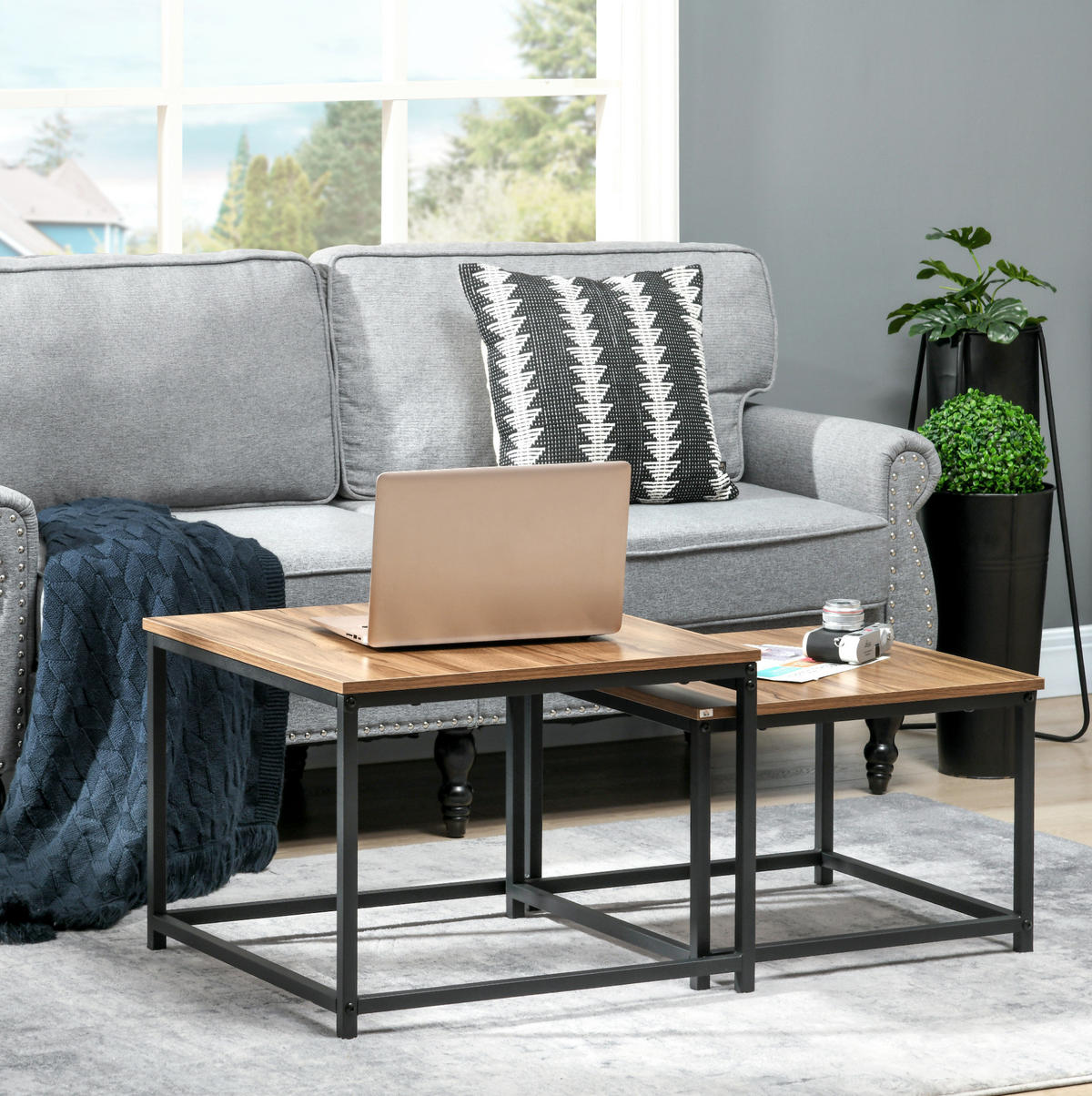 COUCHTISCH 60/60/45 cm Natur Holzoptik mit Stahlgestell 2er-Set im Industriedesign - Naturfarben, Holzwerkstoff (60/60/45cm) - OKWISH