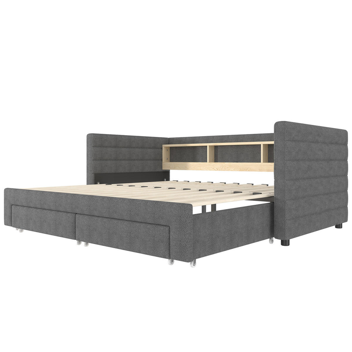 ROZKLADACIA posteľ 90/190 cm sivá zo zamatu a MDF s LED osvetlením portmi USB a typu C a zásuvkami - sivá, textil (90/190cm) - OKWISH