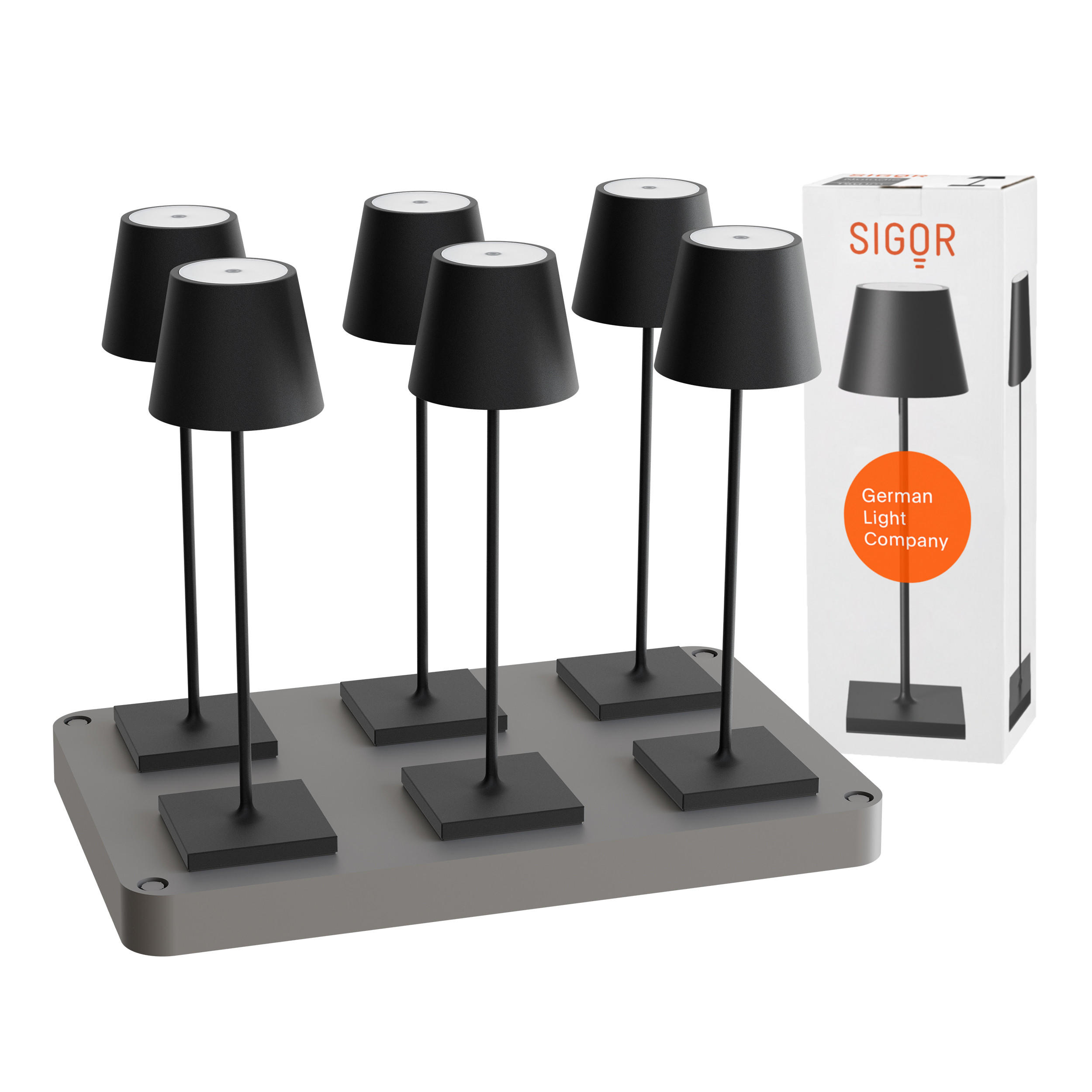 LED Akku-Tischlampe, Nuindie 3.0 6er-Set mit Ladestation, nachtschwarz - Schwarz, Metall (38/10/38cm) - Sigor