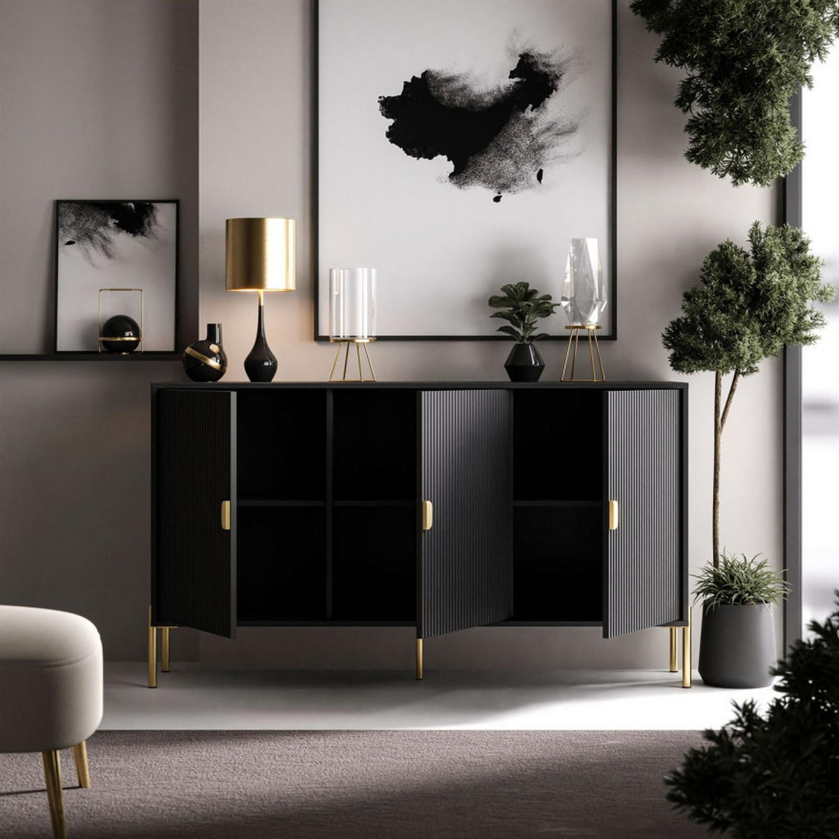 KOMMODE DALIA 3D - Goldfarben/Schwarz, Holzwerkstoff (154/84/49cm) - Lookway