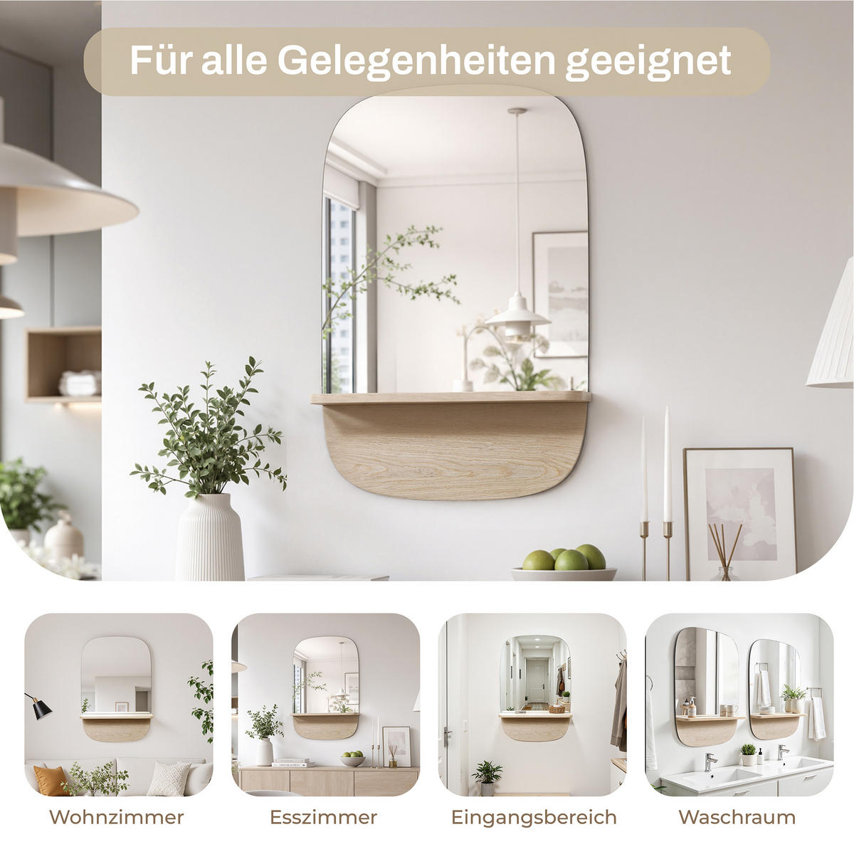 75×50CM Abgerundeter Rechteck Wandspiegel mit Ablage - Naturfarben, Glas/Holz (50/1.6/75cm)