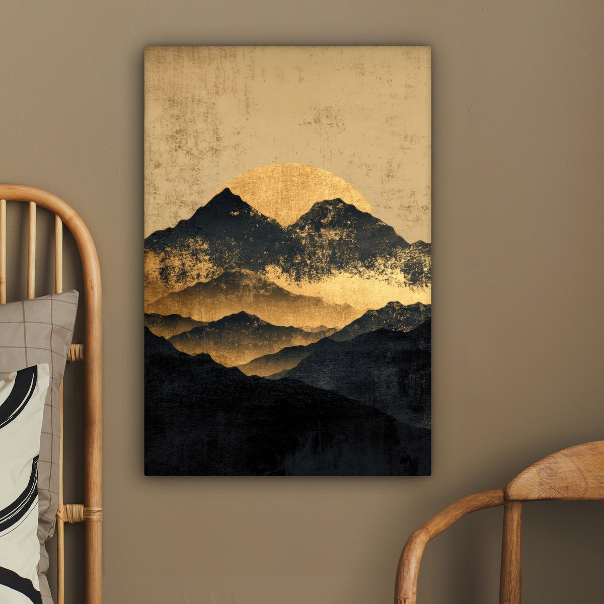 LEINWANDBILD Goldene Berge bei Mondschein Wanddeko Schlafzimmer 60x90 cm - Goldfarben, Textil (60/90cm) - MuchoWow