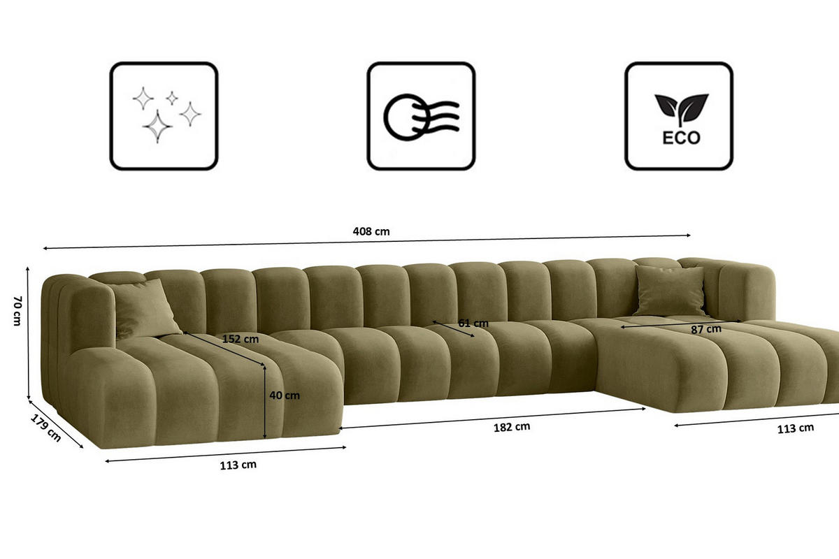 ECKSOFA, U-from, Sofa Grand U XL modular stoff Salvador Olive - Olivgrün, Holz (179/408cm) - Kaiser Möbel