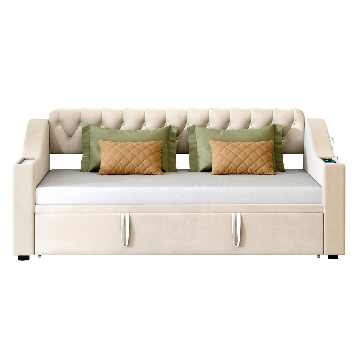 BETT 90/190 cm ausziehbar auf 180/190 cm mit USB und Lattenrost - Beige, Textil (90/180cm) - BEAOK