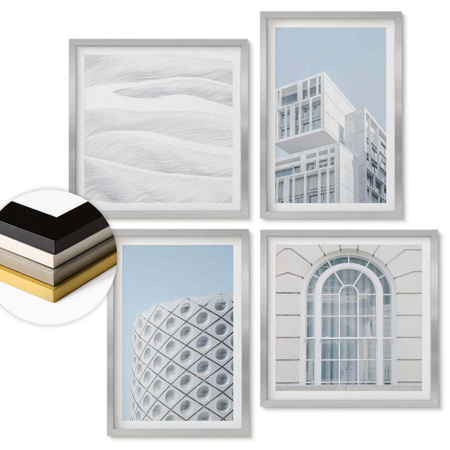 WANDBILDER 4er Set - 50x50 cm & 40x60 cm Silberner Rahmen - Moderne Architekturgeometrie - Silberfarben, Kunststoff (50/50cm) - ArtPrintCave