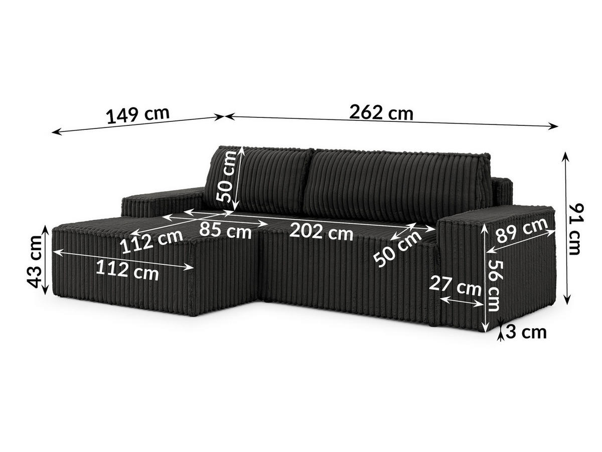 ECKSOFA Rivio mit Schlaffunktion und Bettkasten, Plüschcord Dunkelgrau - Dunkelgrau/Schwarz, Holz/Kunststoff (149/262cm) - S-Style