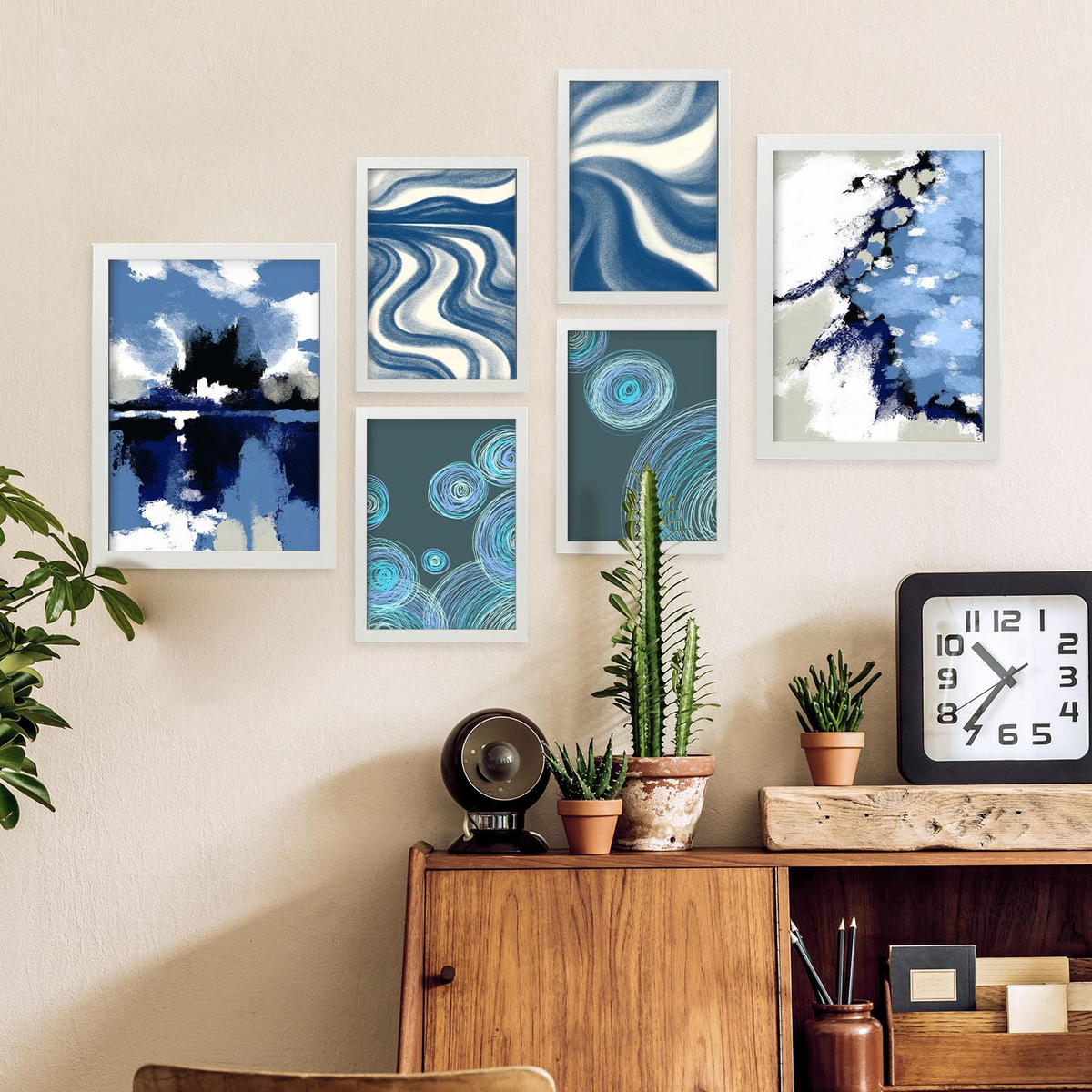 POSTER Set Mit 6 Blaue altmodische abstrakte Landschaften Größe A3 & A4 Weißer Rahmen - Weiß, Papier (29.7/1cm) - Nacnic