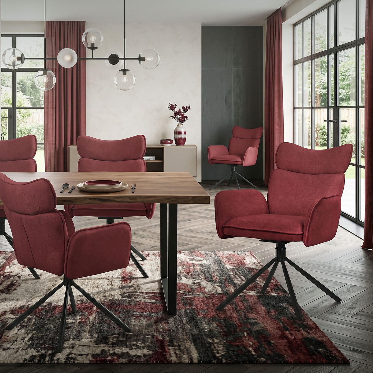 ESSZIMMERSTÜHLE 2er Set drehbar Rot mit Stoffbezug - Rot/Schwarz, Textil/Metall (63/89/68cm) - ML-DESIGN