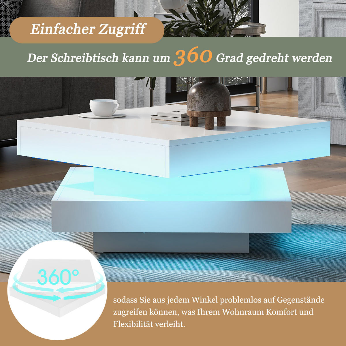 COUCHTISCH LED Weiß Hochglanz drehbar 70x70x36cm 360° - Weiß, Holzwerkstoff (70/70/36cm) - FLIEKS
