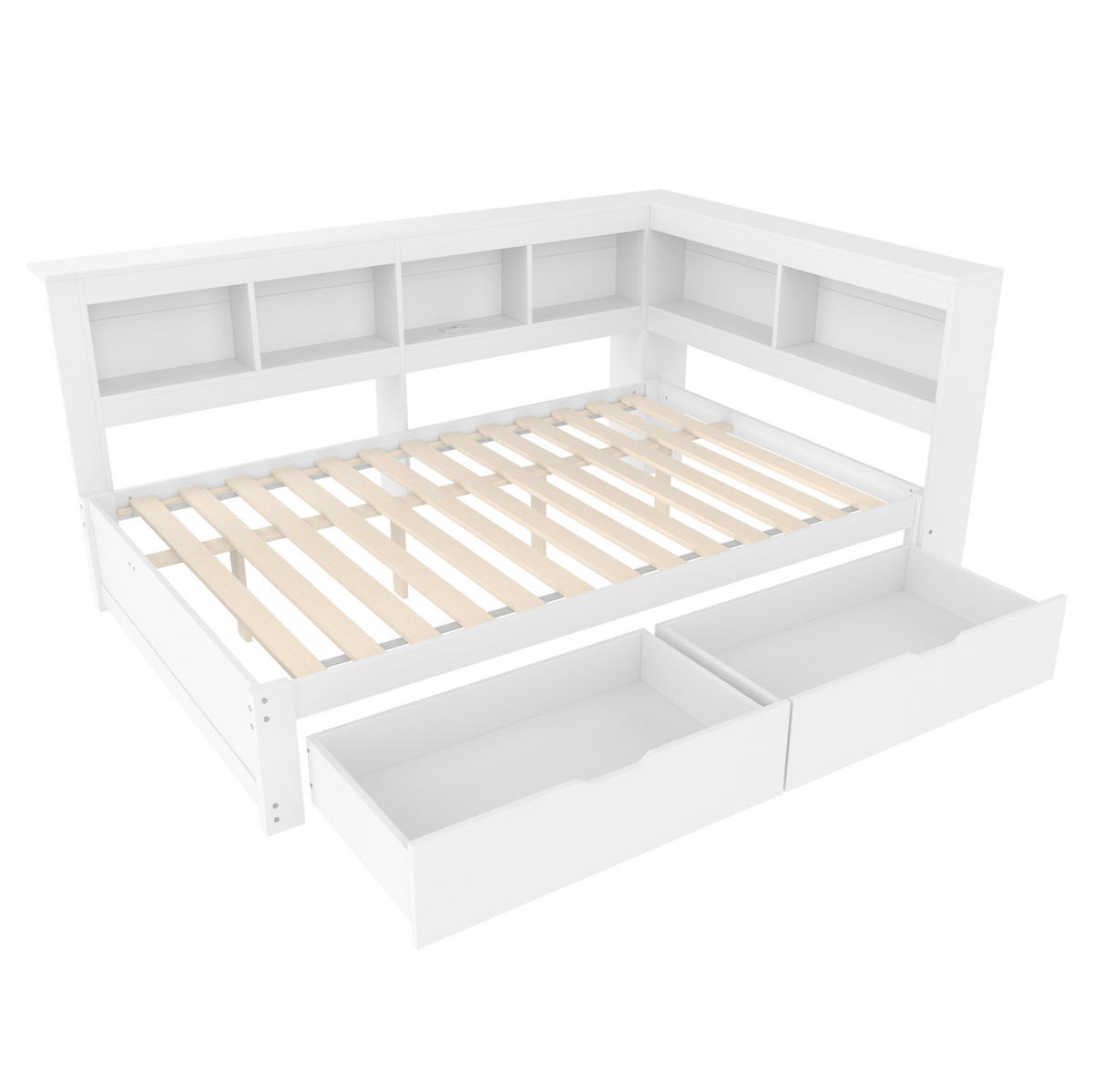 POLSTERBETT aus MDF und Kiefernholz 140x200 cm in Weiß mit 2 Schubladen & USB - Weiß, Holz (140/200cm) - Modfu