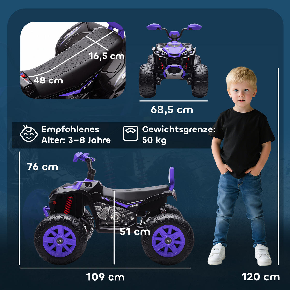 KINDER-ELEKTROQUAD 24V mit Vorwärts-, Rückwärtsfunktion, 2 Sitzer, Lila - Violett, Kunststoff (109/68.5/76cm) - AIYAPLAY