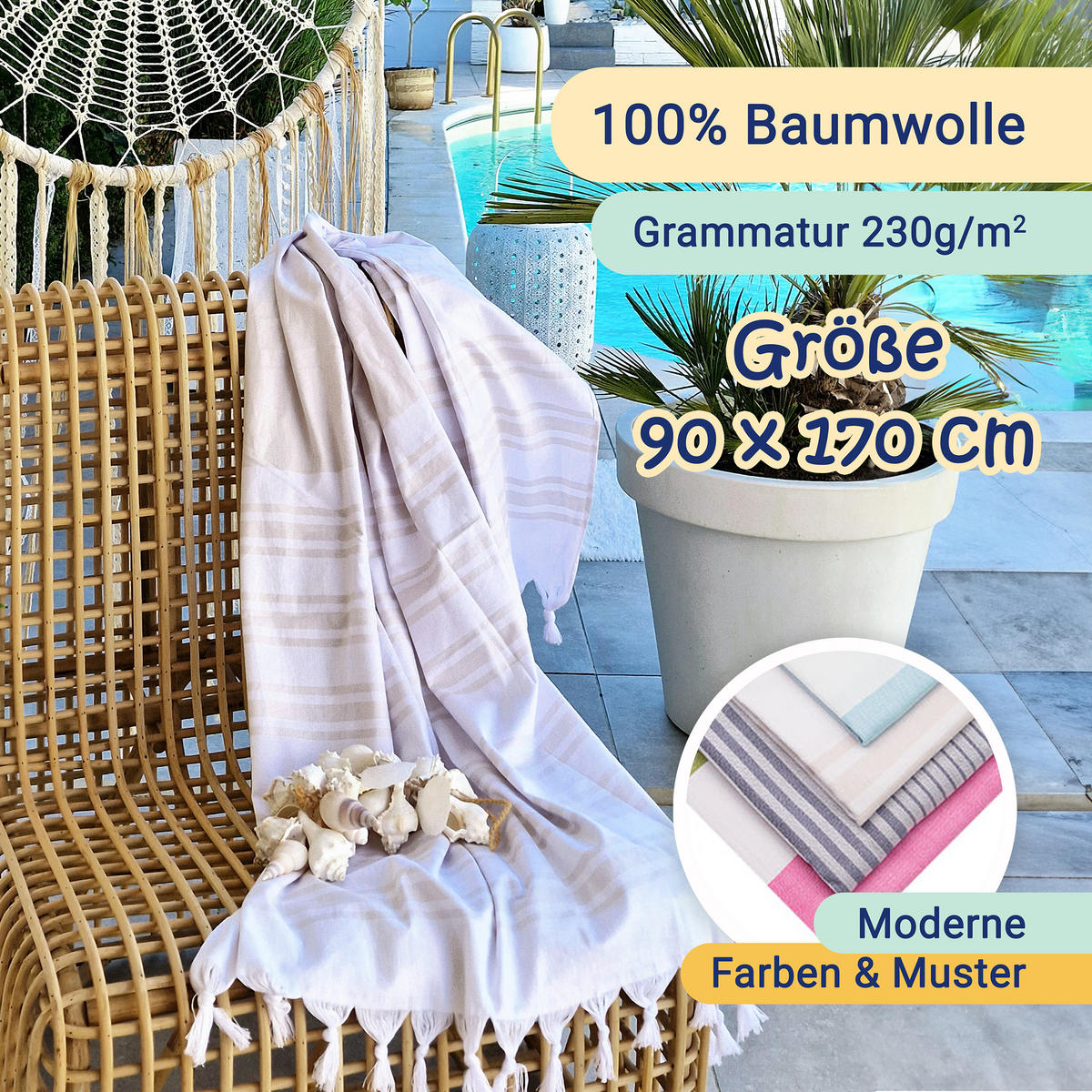 STRANDTUCH, 90x170 cm, 100% Baumwolle, Weiß - Beige, Textil (90/170cm) - Zollner