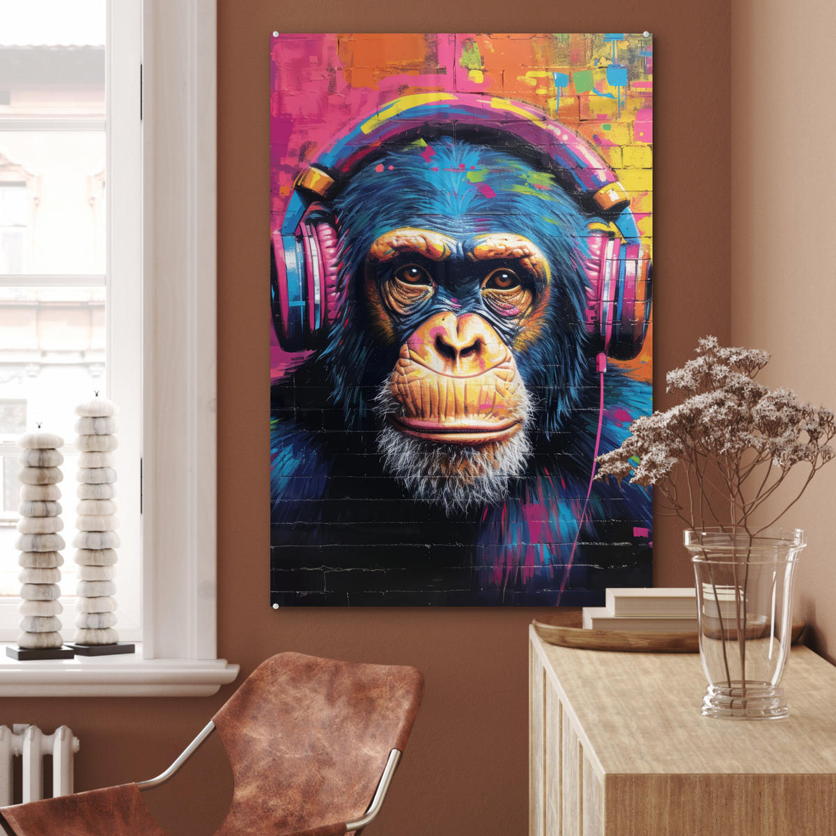 ACRYLGLASBILD Graffiti - Schimpanse - Straßenkunst - Kopfhörer - Affe 60x90 cm - Blau, Glas (60/90cm) - MuchoWow
