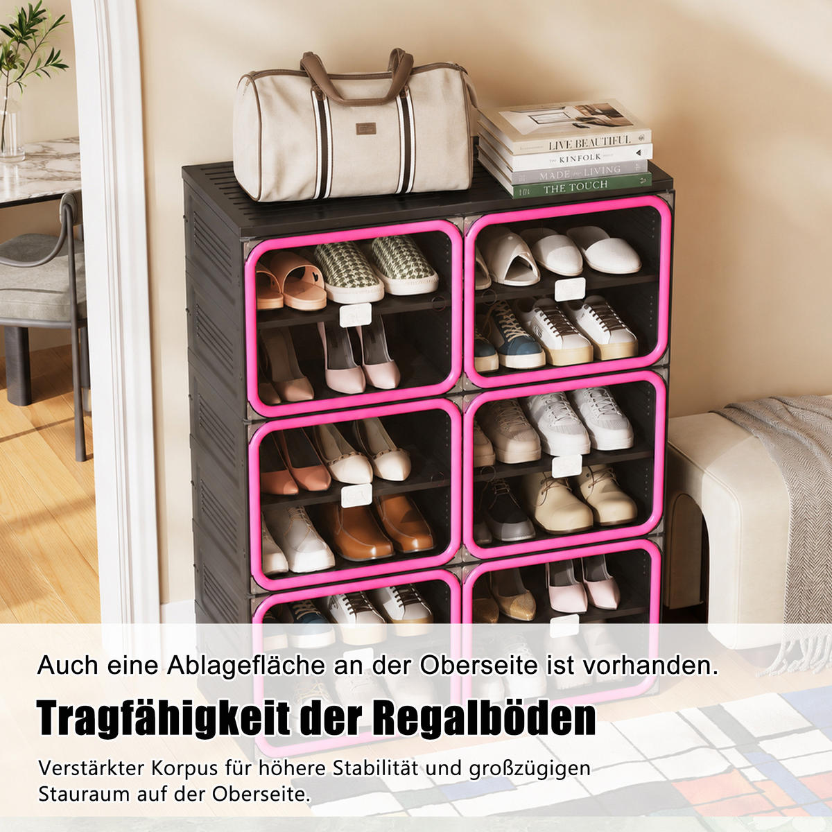SCHUHSCHRANK, Doppelfach mit 6 Ebenen, faltbar, montagefrei, aus Kunststoff, Flurmöbel, Schwarz-Rot - Rot, Kunststoff (85/104/34cm) - GENKI LIVING