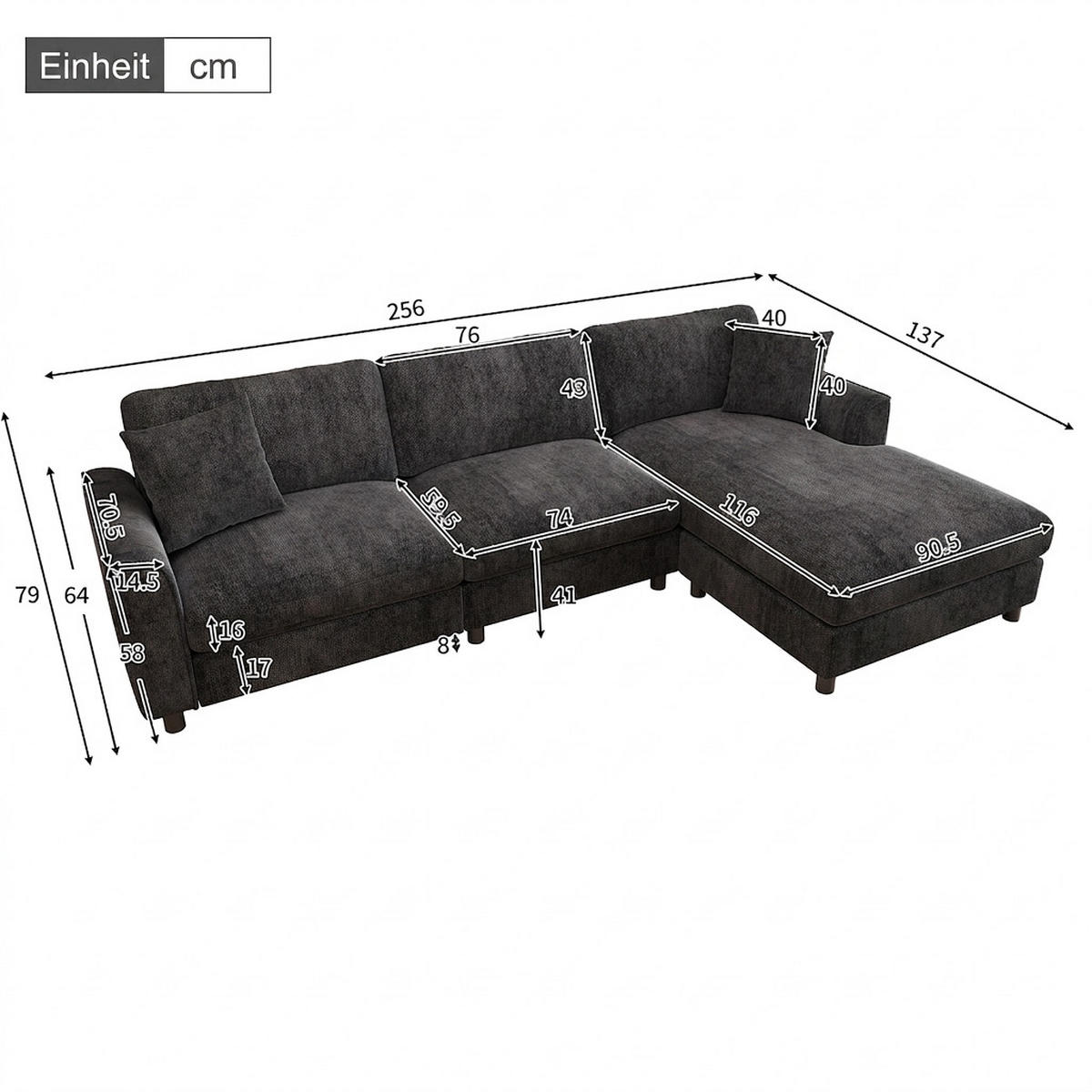 ECKSOFA 256/137/79 cm Grau mit umstellbarer Liegeelement - Grau, Kunststoff/Textil (256/137cm) - Oxeza