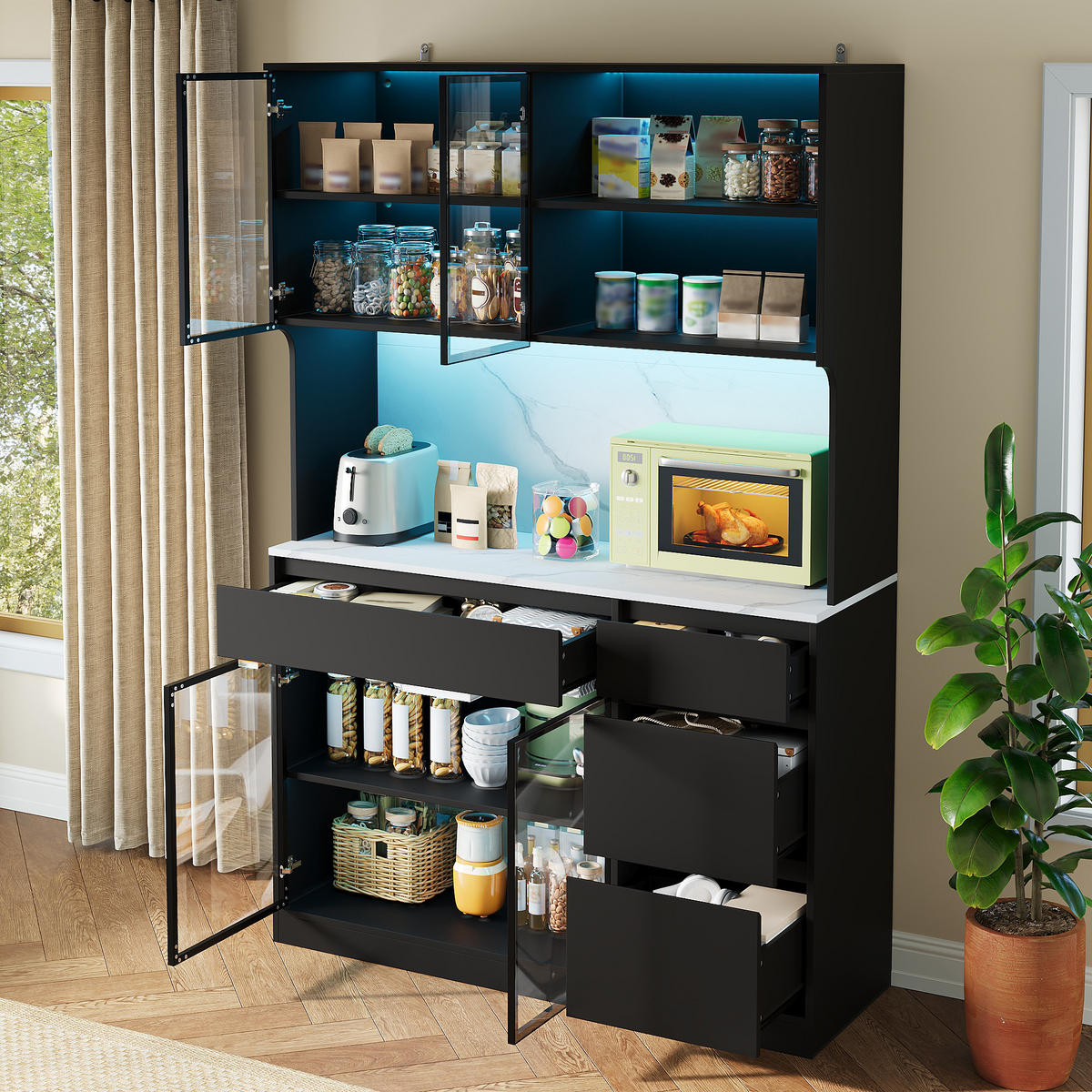 HOCHSCHRANK Vitrine LED Marmoroptik Glaselemente Schwarz Weiß - Multicolor, Holzwerkstoff (120/180/40cm) - FLIEKS