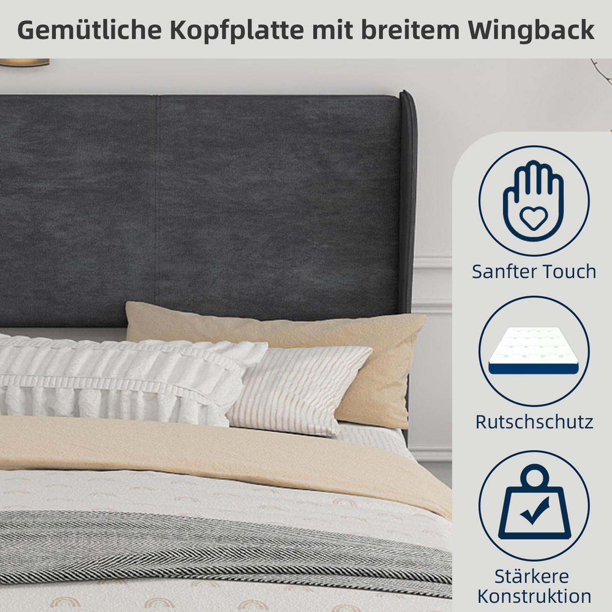 POLSTERBETT 160/200 cm in Grau Samt mit Gepolstertem Kopfteil - Grau, Holzwerkstoff/Textil (160/200cm) - WISHDOR