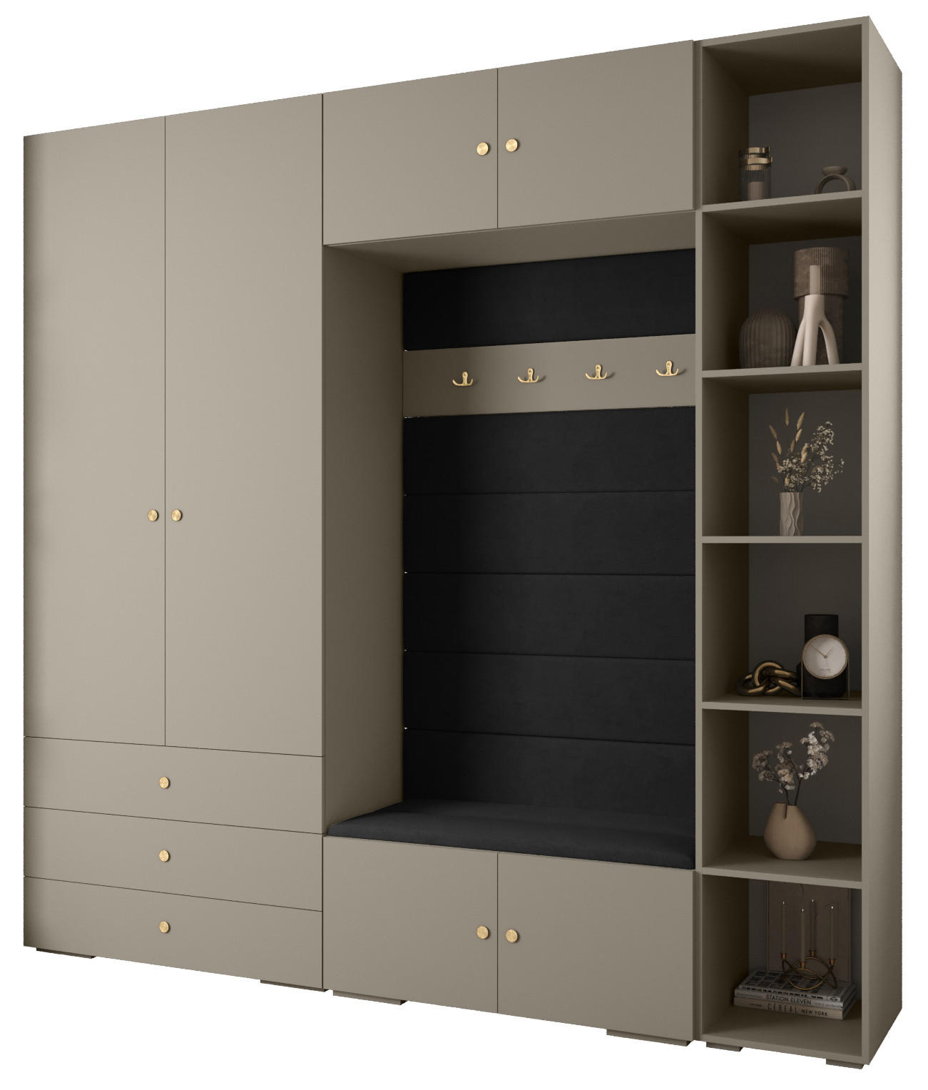 Abiks Möbel Garderoben-Set Kaschmir, Schwarz, Gold 240x236.7x47 cm