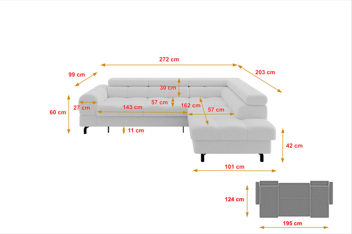ECKSOFA mit Schlaffunktion Ottomane Rechts LUMA-L 272x203x70 Weiß Bouclé - Schwarz/Weiß, Holzwerkstoff/Kunststoff (203/272cm) - ALTDECOR