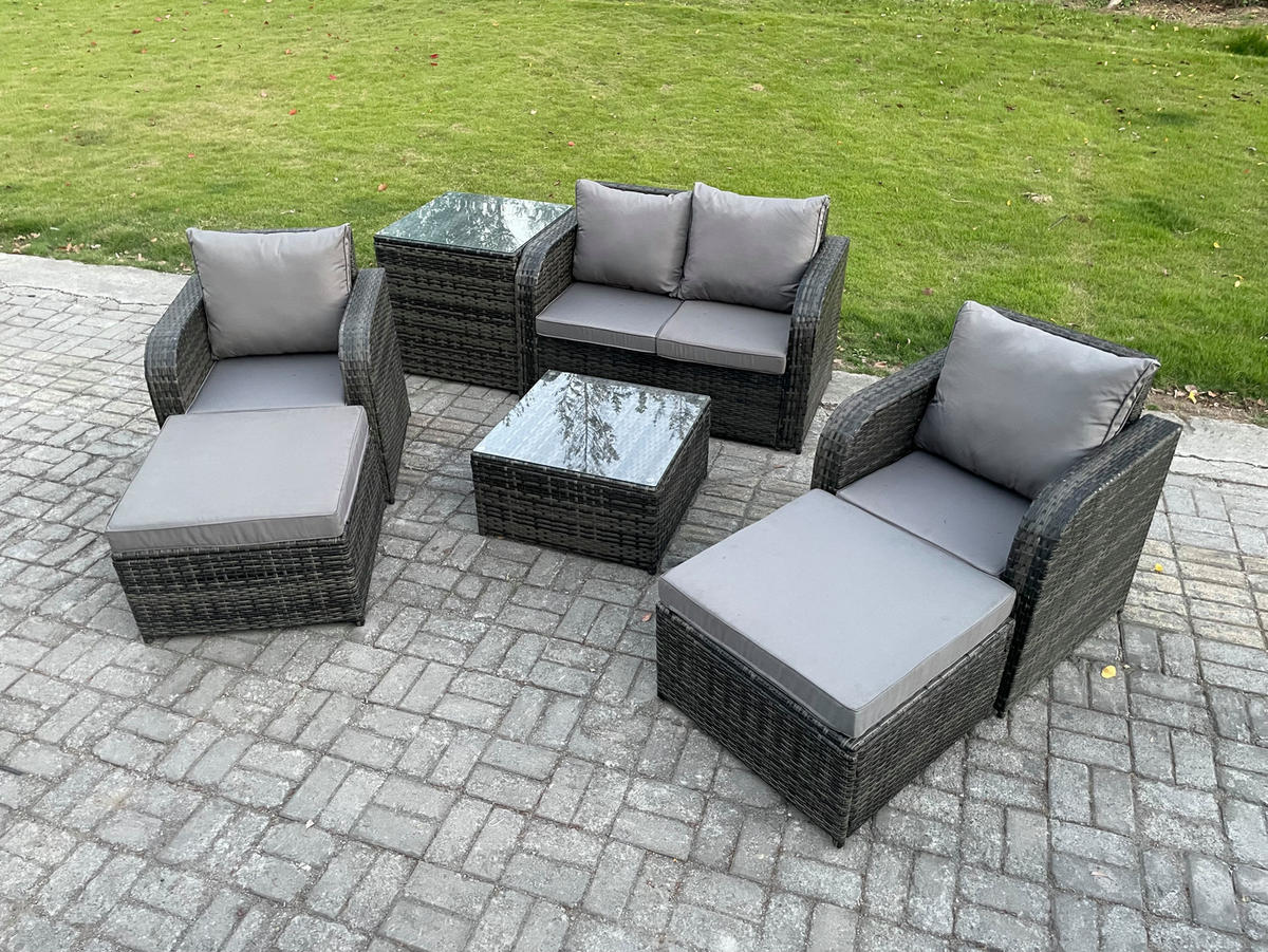LOUNGESOFA-SET Polyrattan Dunkelgrau 6-Sitzer - Dunkelgrau, Metall - Fimous