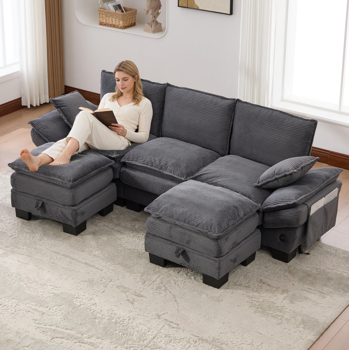 3-SITZER Sofa aus Cordstoff 260x132x84 cm in Dunkelgrau mit USB-C & Seitentaschen - Dunkelgrau, Textil (132/84/260cm) - Modfu