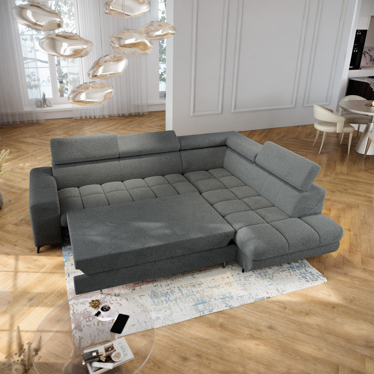 ECKSOFA MORIVA Q R-S Grau Boucle-Stoff mit Schlaffunktion - Grau, Holzwerkstoff/Textil (253/190cm) - MASSENO