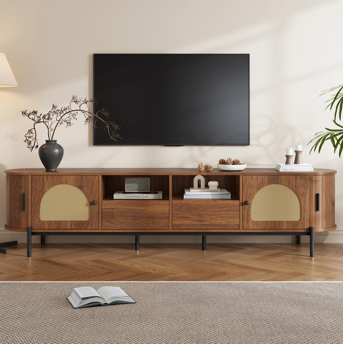 TV-SCHRANK mit Rattan und Stauraum 200 x 40 cm MDF Walnut - Dunkelbraun, Holzwerkstoff (40/49.5/200cm) - Beauniv