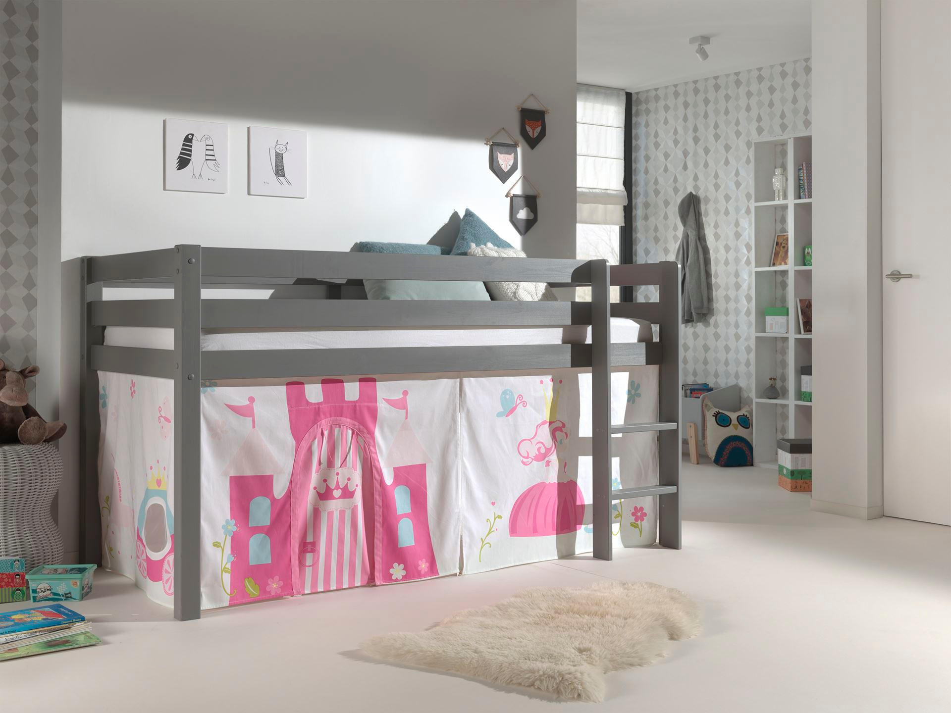 KINDERBETT Karolina 210x114x106 Massivholz Grau Textilset Princess 1 - Magenta/Grau, Holz (90/200cm) - 58aufmkessel