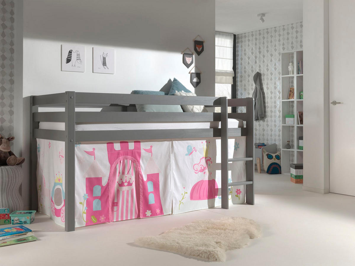 KINDERBETT Karolina 210x114x106 Massivholz Grau Textilset Princess 1 - Magenta/Grau, Holz (90/200cm) - 58aufmkessel