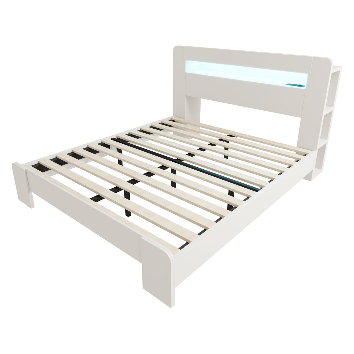 HOLZBETT 140x200cm Kopfteil Stauraum LED Steckdose Weiß - Weiß, Holz (140/200cm) - FLIEKS