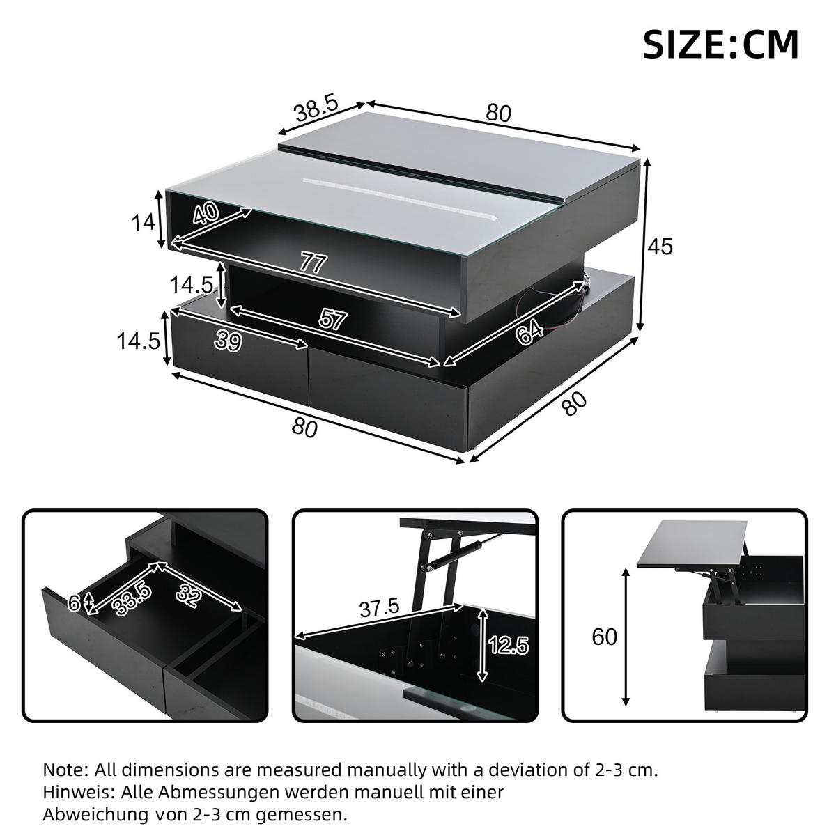KONFERENČNÍ stolek 80/80/45 cm černý, s výklopnou deskou, LED a 2 zásuvkami - černá, kompozitní dřevo (80/80/45cm) - BEAOK