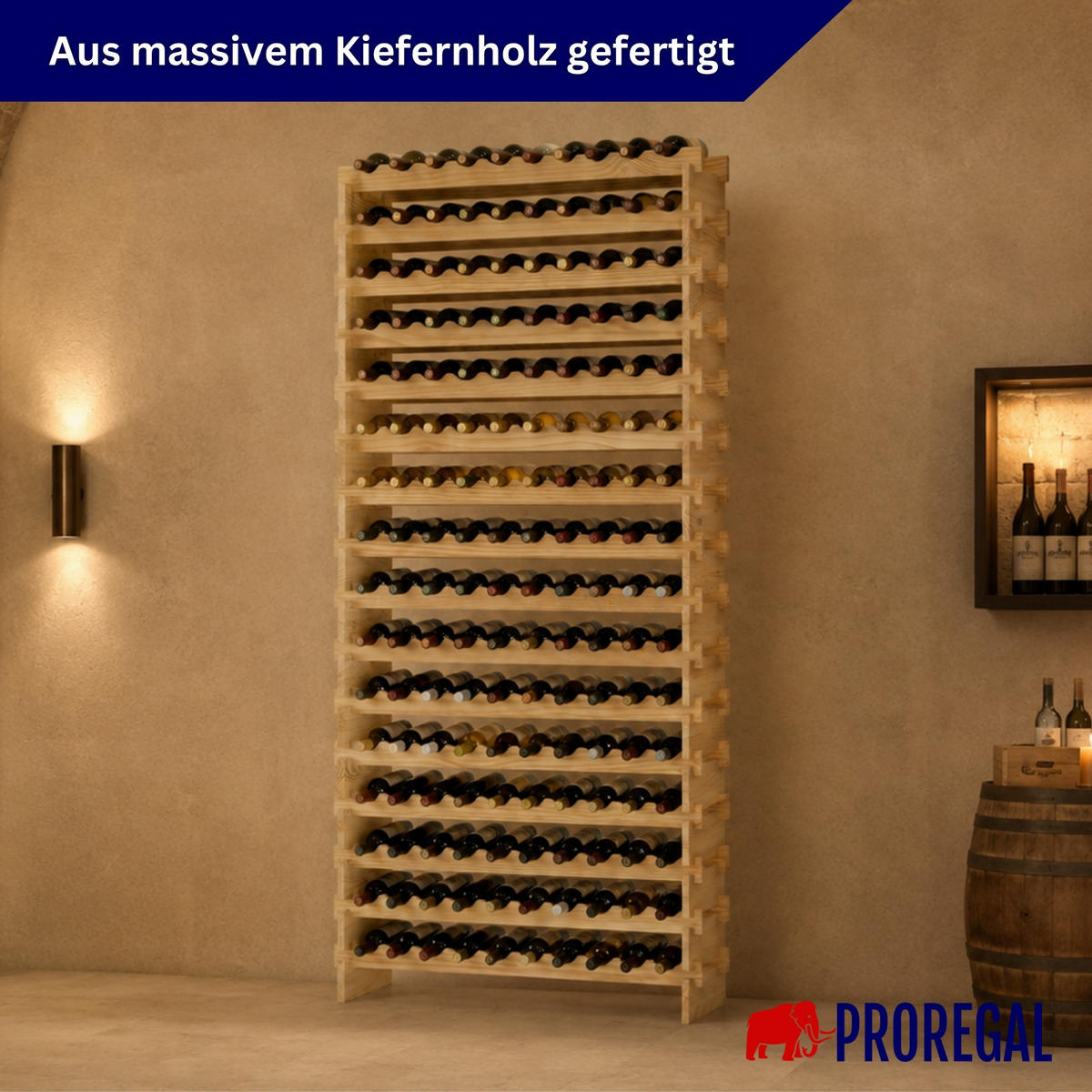 WEINREGAL NAVARRA aus Holz 219x103x28cm 160 Flaschen auf 16 Ebenen Natur unbehandelt - Naturfarben, Holz (103/219/28cm) - PROREGAL