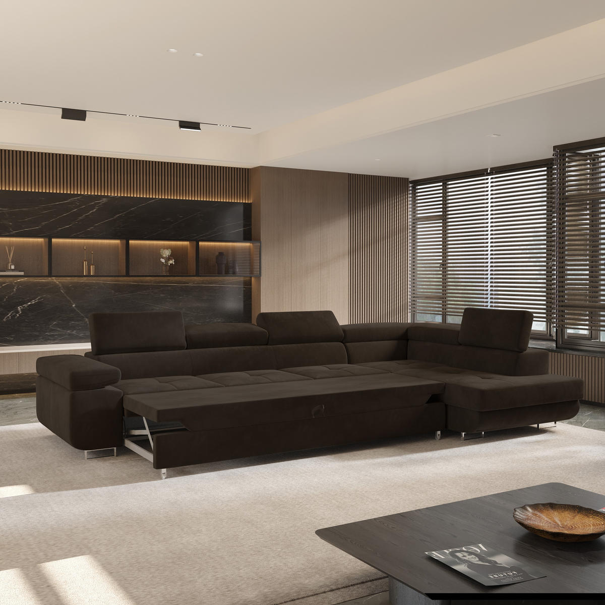 ECKSOFA VICENTE Braun Velours-Stoff mit Schlaffunktion - Braun, Holz (346/202cm) - MASSENO