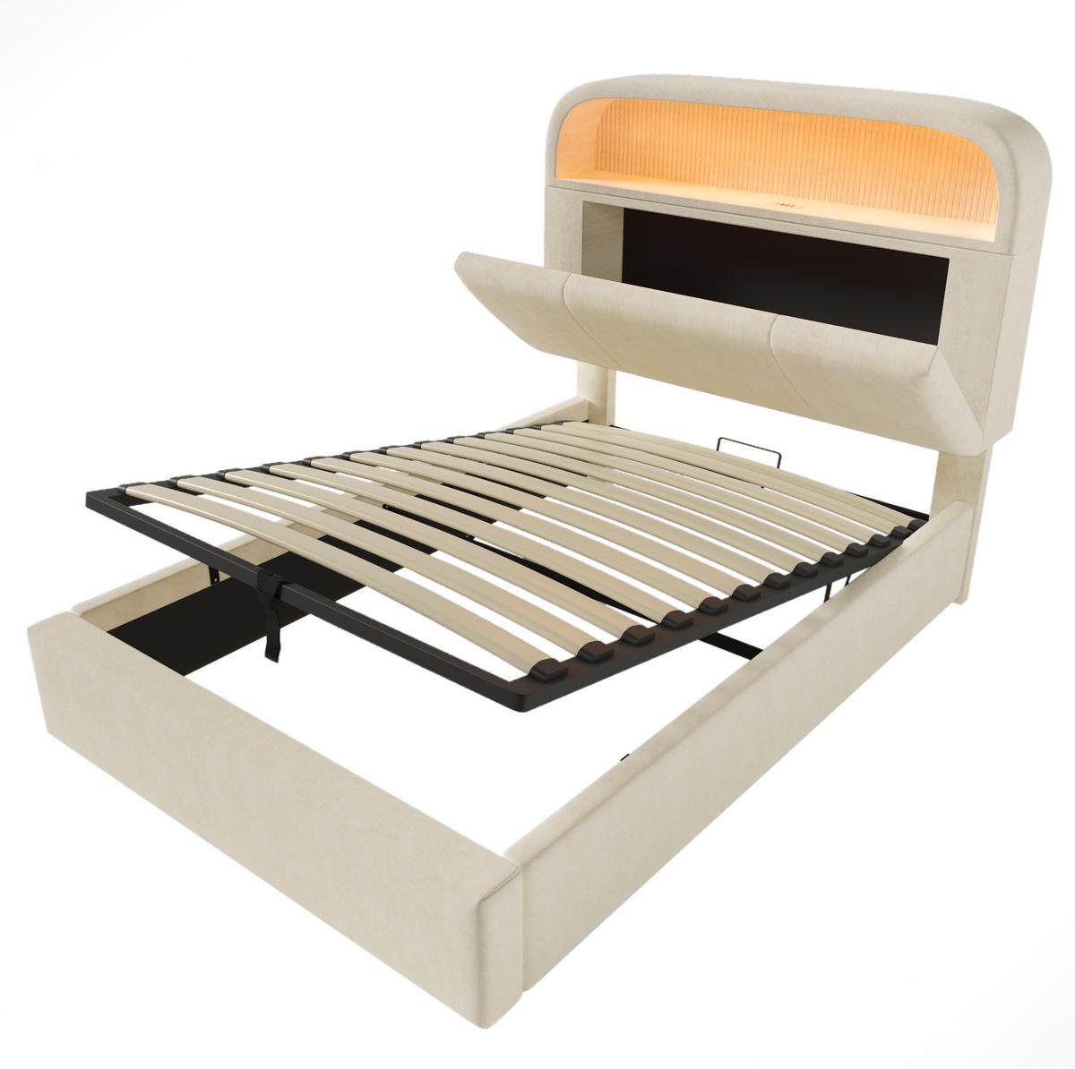 SAMT-POLSTERBETT 90/200 cm mit Bettkasten, LED-Beleuchtung und Ladestation - Beige, Textil (90/200cm) - BEAOK