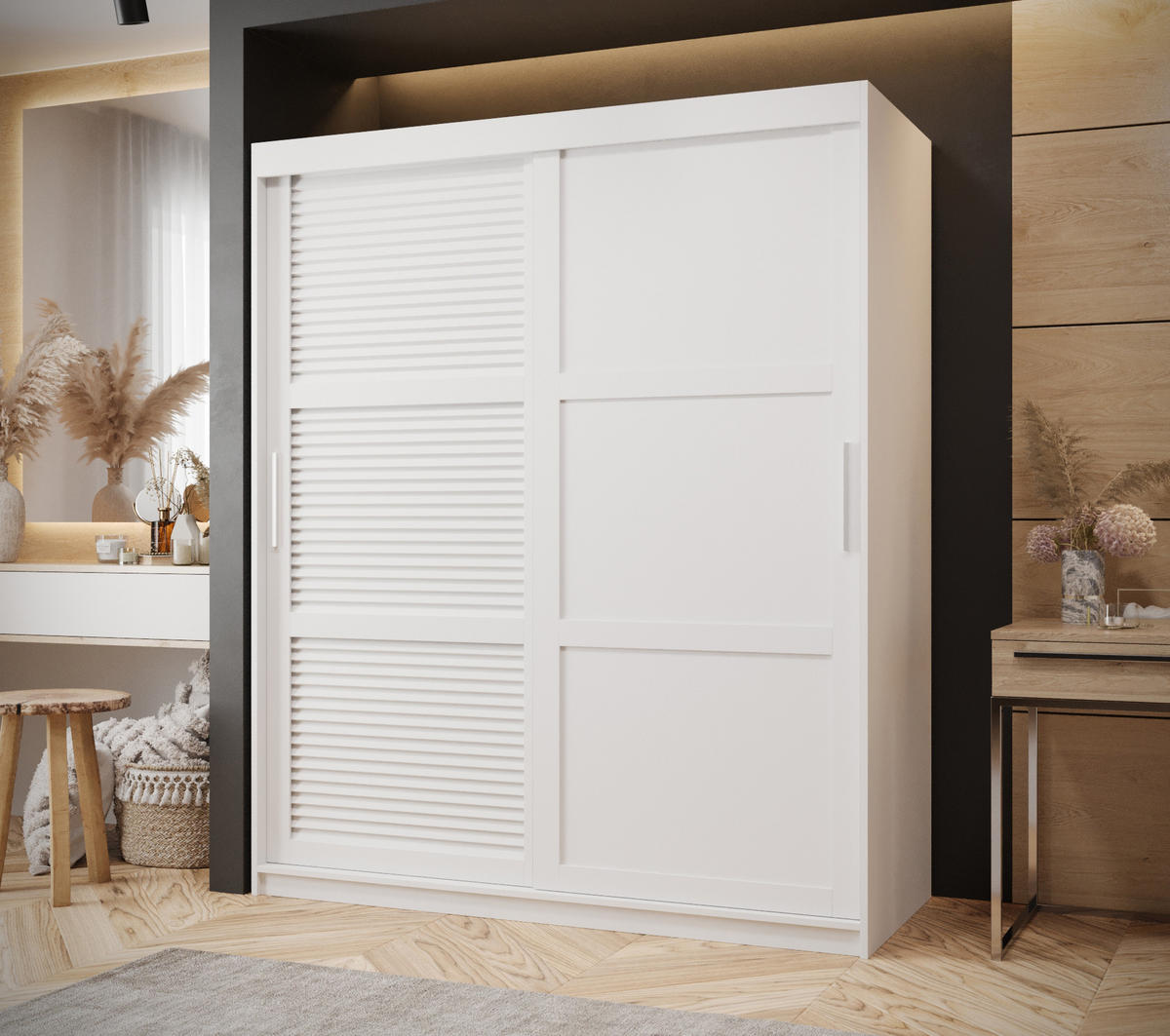 SCHWEBETÜRENSCHRANK 200/150/62 2-türig - Silberfarben/Weiß, Holz/Kunststoff (150/200/62cm) - MÖBEL KRYSPOL