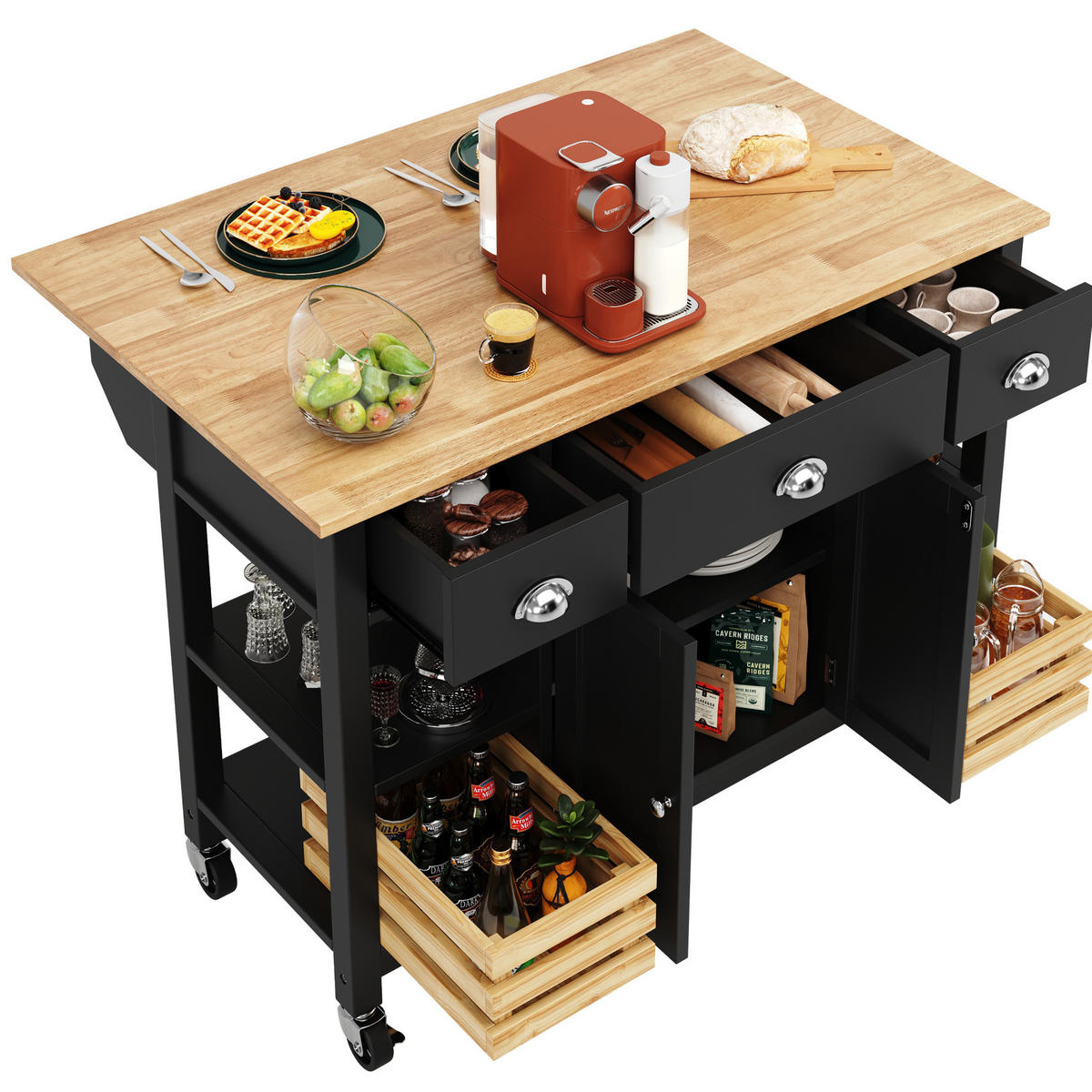 KÜCHENINSEL 120/45/90 cm aus MDF mit klappbarer Tischplatte und Rollen Schwarz/Natur - Schwarz, Holzwerkstoff (120/90/73cm) - Modenvie