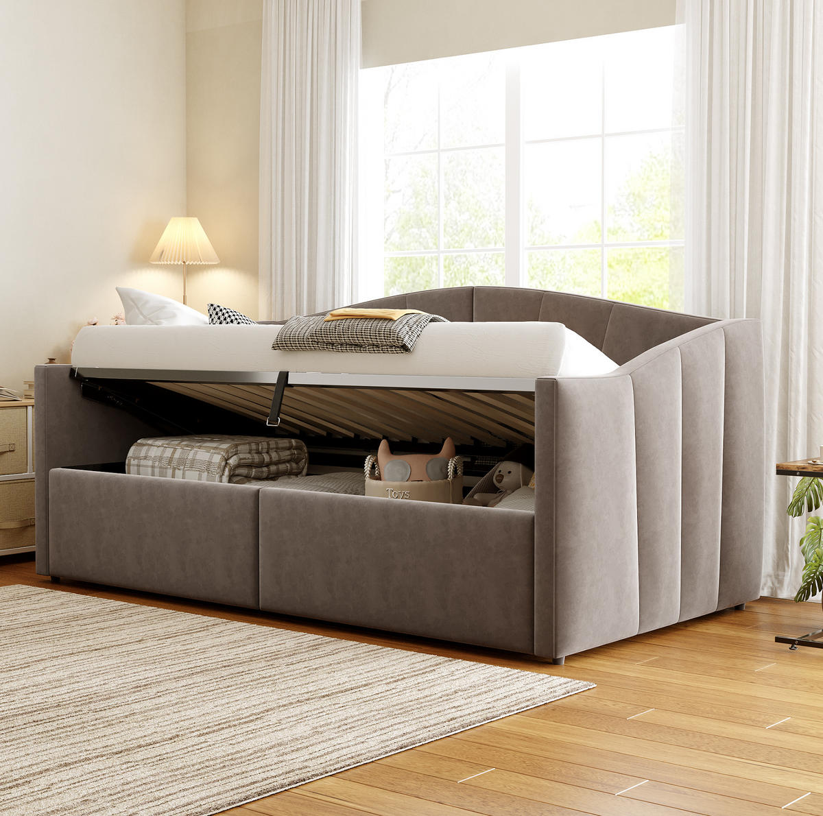POLSTERBETT 90/200 cm Grau mit hydraulischer Lagerung und Lattenrost - Grau, Textil (90/200cm) - OKWISH