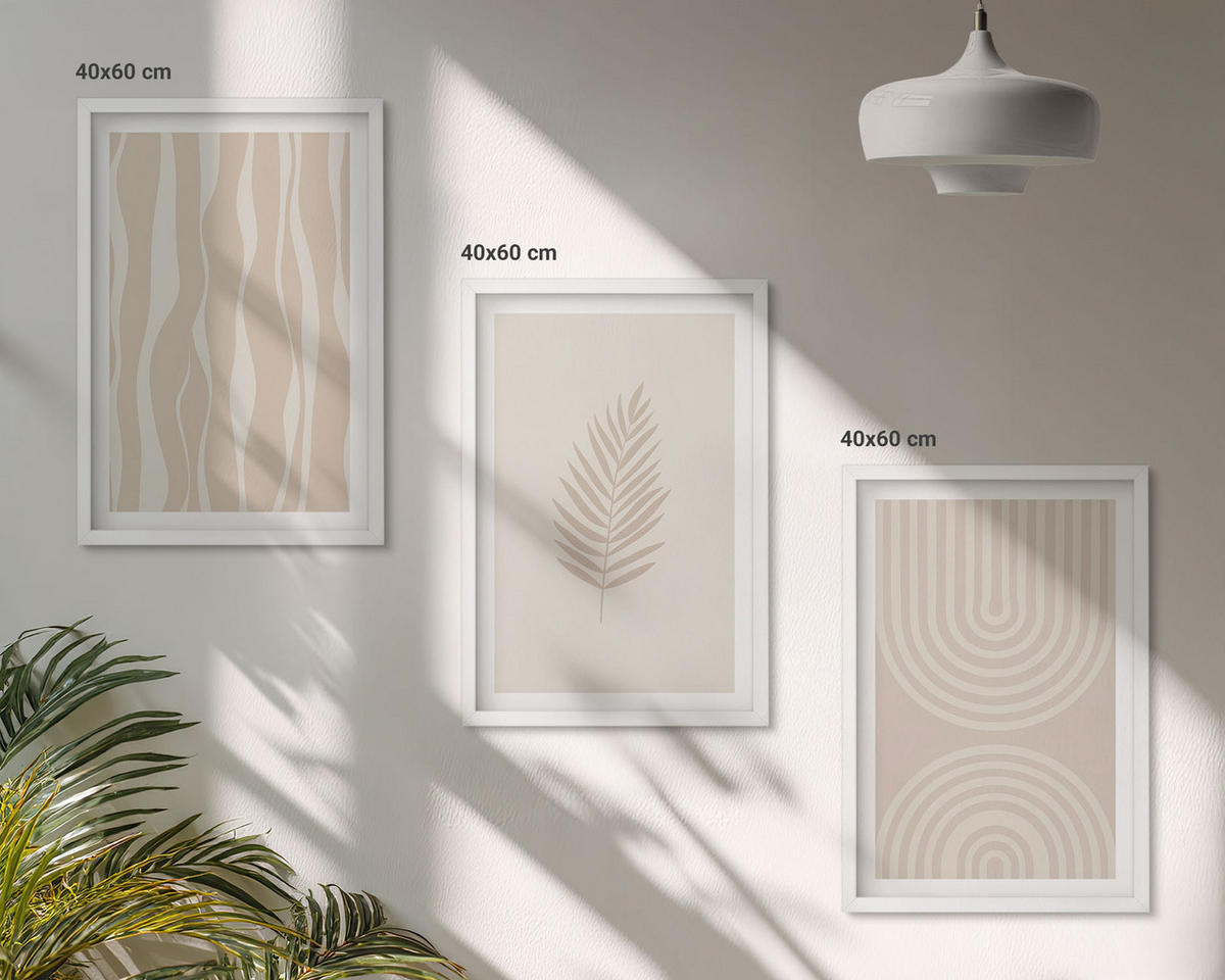 BILDER SET 3er Set - 40x60 cm Weißer Rahmen - Beige Pflanzenmuster - Weiß, Kunststoff (40/60cm) - TULUP