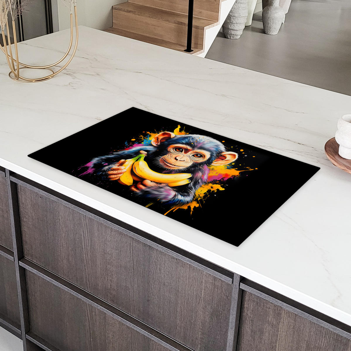 HERDABDECKPLATTE Affe - Graffiti - Farbenfroh - Bananen - Modern 90x52 cm - Gelb, Kunststoff (90/52/0.2cm) - MuchoWow