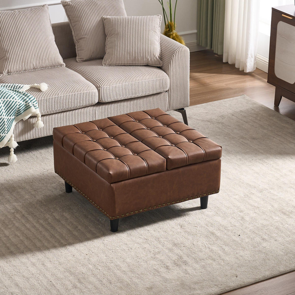 HOCKER Couchtisch,Aufbewahrungsstuhl,höhenverstellbar,PU-Leder,Braun - Braun, Metall (75/41/75cm) - LVHOM