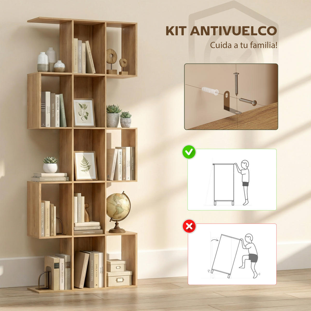 BÜCHERREGAL,5-STUFIG S-förmig 80x24x200cm,eiche - Beige, Holzwerkstoff (80/200/24cm) - Vallsero