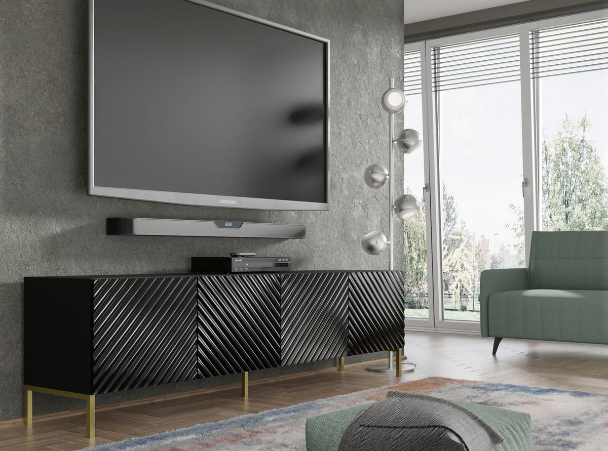 TV LOWBOARD Schwarz Hochglanz, Gold 200/56/42 - Schwarz Hochglanz, Holzwerkstoff (200/56/42cm) - RAUMHIRSCH FURNITURE