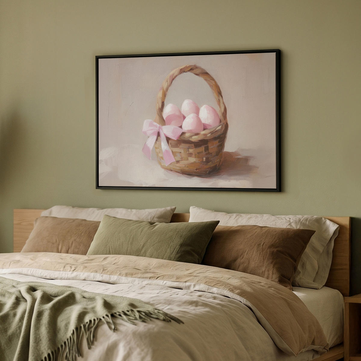 LEINWAND Bilder mit Rahmen - Korb - Eier - Rosa - 80x60 - Beige, Textil (80/60cm) - MuchoWow