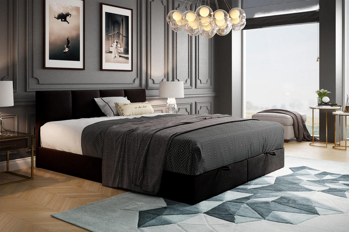 BOXBETT mit Bettkasten und Bonellmatratze - ROYAL - Elegant Bett mit Topper - 200x200 cm - Schwarz - Schwarz, Holzwerkstoff/Kunststoff (200/200cm) - Trada