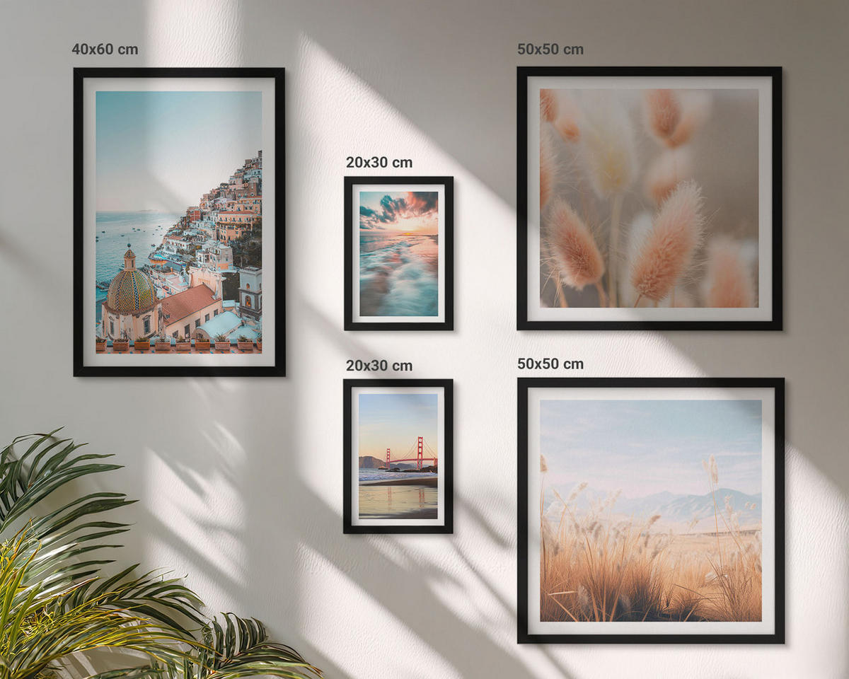 WANDBILDER 5er-Set - 50x50 cm & 20x30 cm & 40x60 cm Schwarzer Rahmen - Sonnenuntergang am Meer, Häuser, Blumen - Schwarz, Kunststoff (40/60cm) - ArtPrintCave