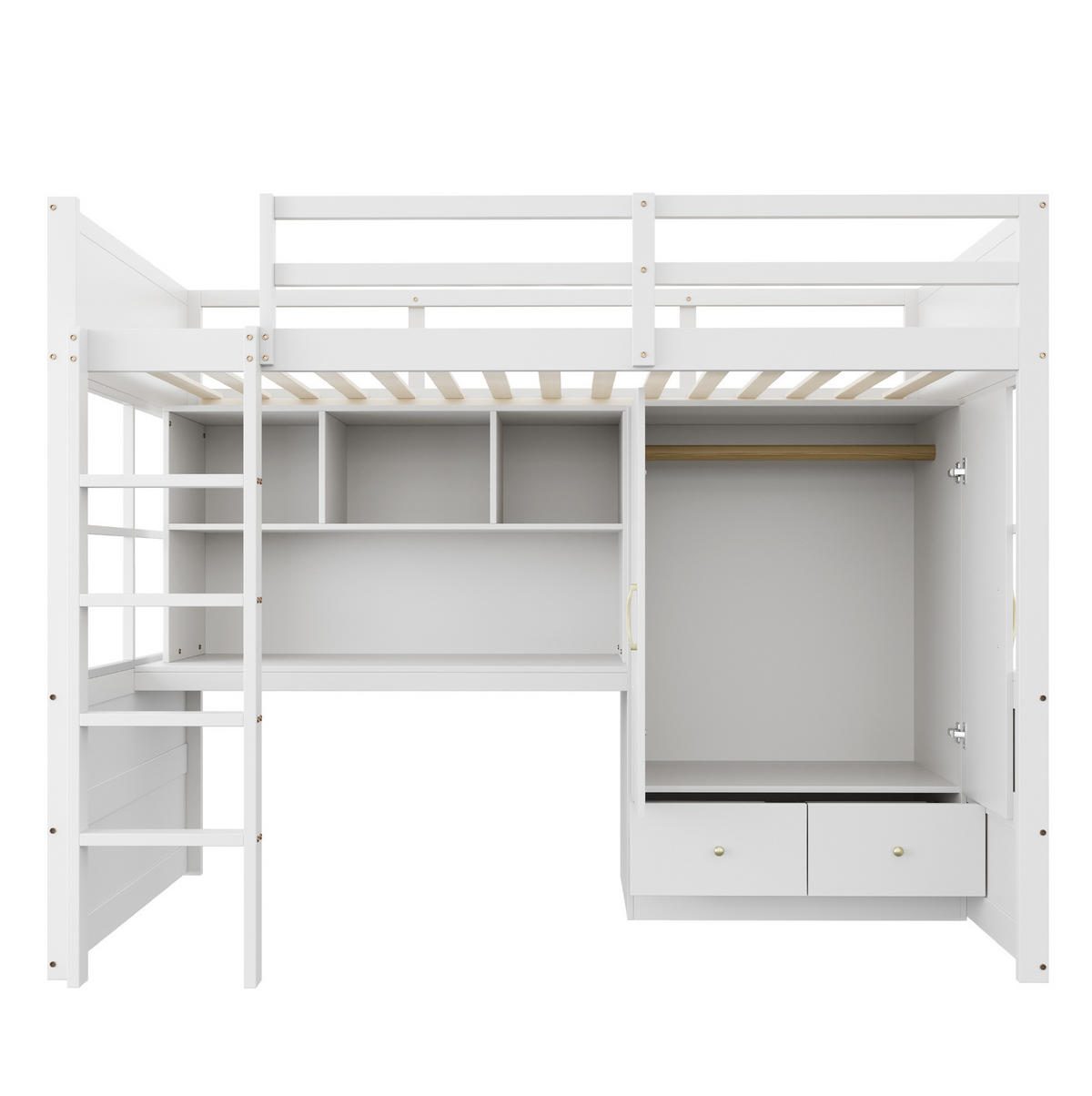 HOCHBETT aus Kiefernholz 90x200 cm Weiß/Naturholz mit Schreibtisch, Kleiderschrank und Schubladen - Weiß, Holz (90/200cm) - IVMEU