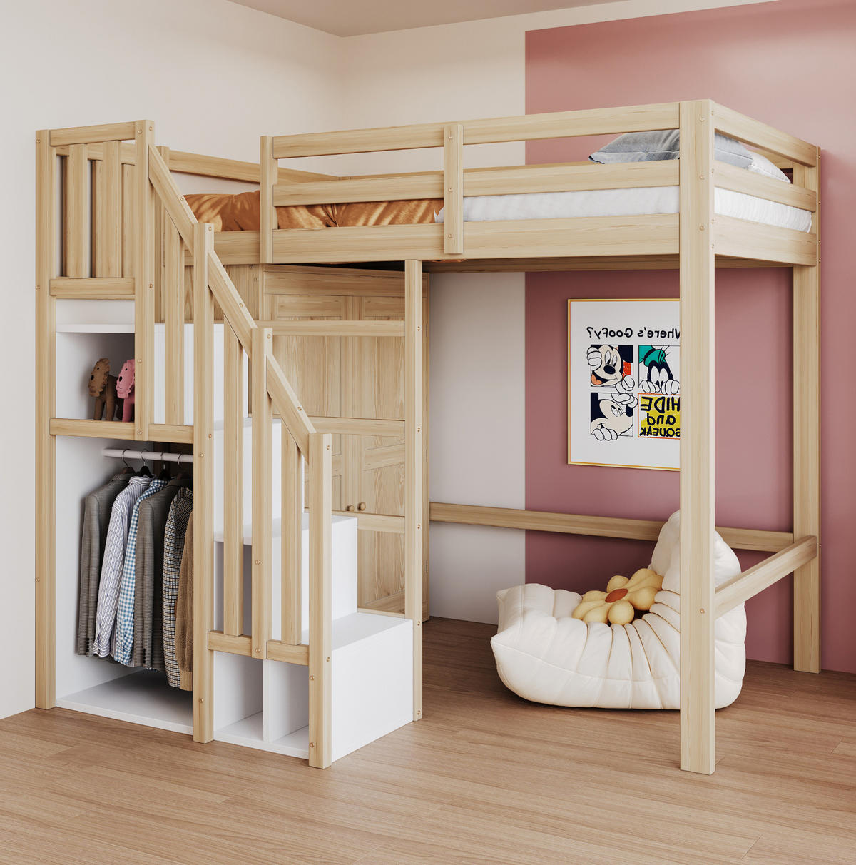 HOCHBETT 90/200 cm in Naturfarbe mit Kleiderschrank und Stauraumtreppe - Naturfarben, Holzwerkstoff (90/200cm) - Flora Grace
